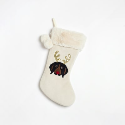 Girls Cream Sausage Dog faux fur Stocking River Island