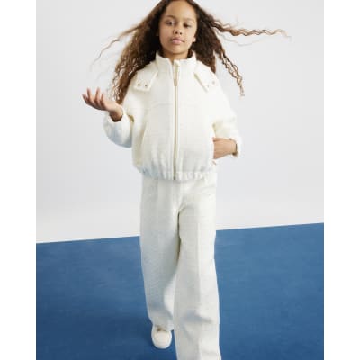 Girls Cream Sequin Boucle Bomber Jacket