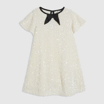 Girls Cream Sequin Bow Dress