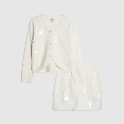 Girls Cream Sequin Cardigan And Skirt Set