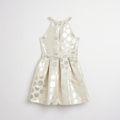 Girls cream spot belted dress