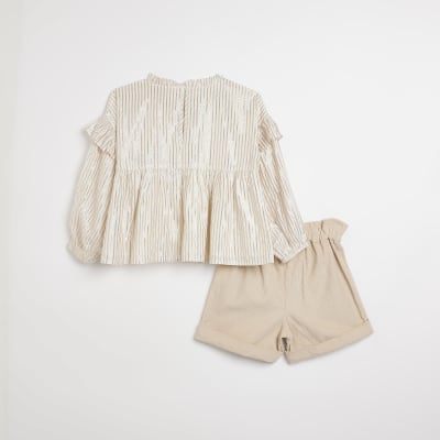 Girls Cream Stripe Blouse and Shorts Set