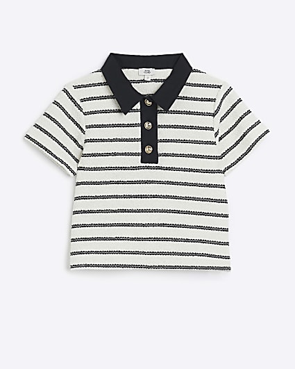 Girls Cream Stripe Button Polo shirt