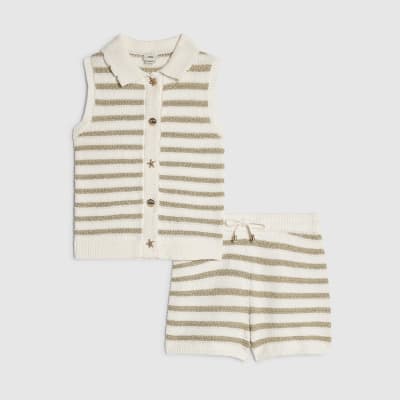 Girls Cream Stripe Top & Short Knit Set