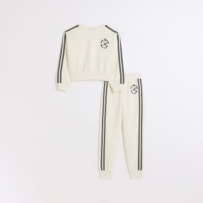 Girls Cream Taped Sweatshirt and Joggers Set