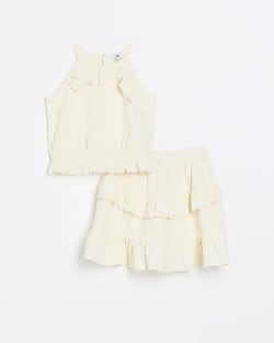Girls cream textured frill top and skirt set