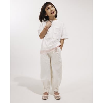Girls Cream Twill Keyring Cargo Trousers