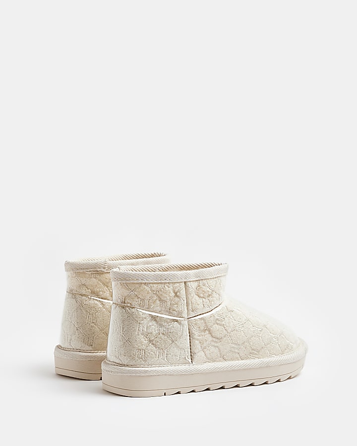 Girls Cream Vinyl Faux Fur Lined Ankle Boots