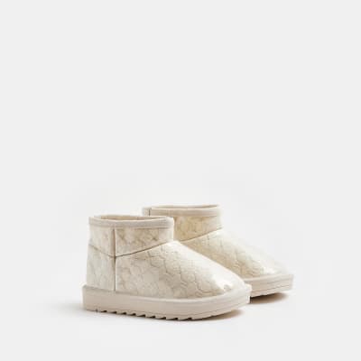Girls Cream Vinyl Faux Fur Lined Ankle Boots