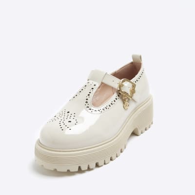 Girls cream wide fit mary jane heeled shoes