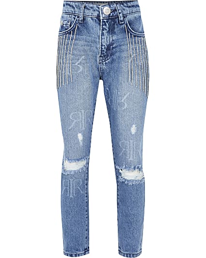 Girls denim bling tassel mom jeans