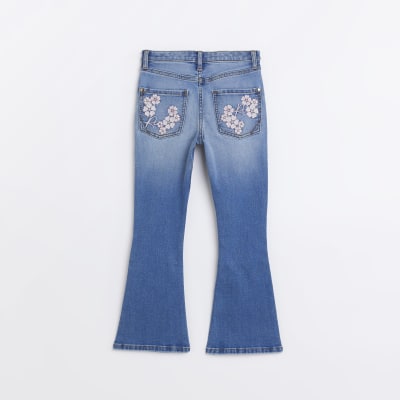 Girls Denim Floral Embroidered Flared Jeans