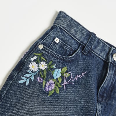 Girls Denim Floral Embroidered Skirt