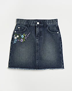 Girls Denim Floral Embroidered Skirt