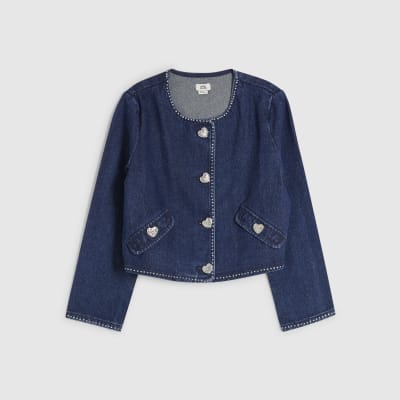 Girls Denim Heart Embellished Jacket