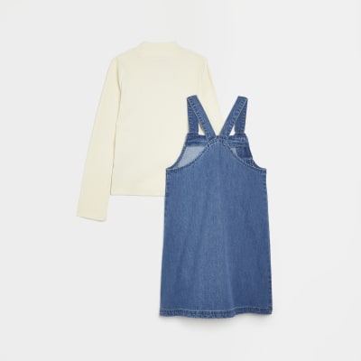 Girls Denim Long Sleeve Pinafore Dress Set River Island