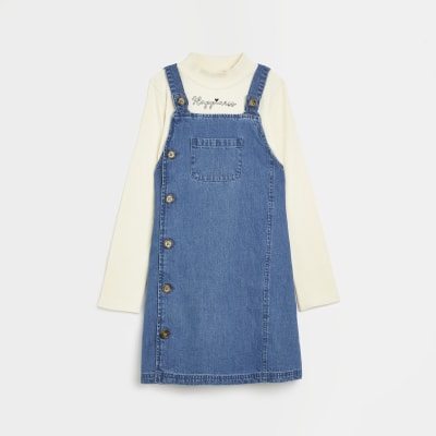 Girls Denim Long Sleeve Pinafore Dress Set River Island