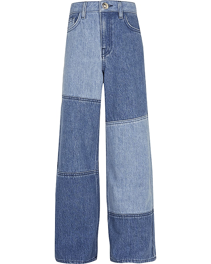Girls denim patch wide leg jeans
