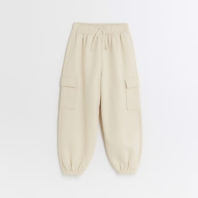 Girls ecru cuffed cargo joggers