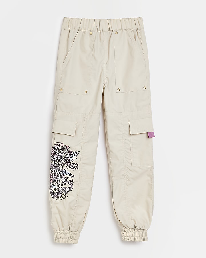 Girls Ecru Embroidered Cargo pants River Island Girls Clothing Pants Cargo Pants 
