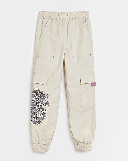 Girls Ecru Embroidered Cargo Trousers