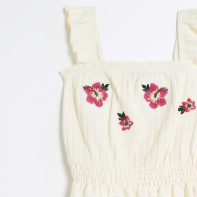 Girls ecru floral embroidered crop cami top
