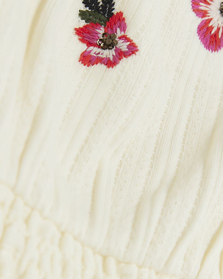 Girls ecru floral embroidered crop cami top