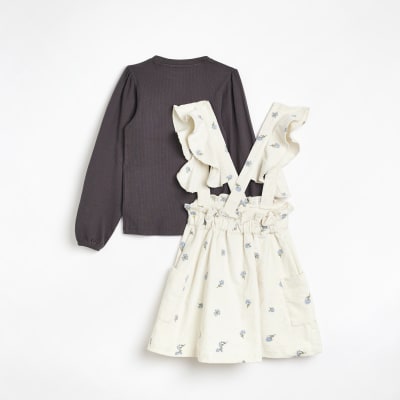 Girls Ecru floral Embroidered Pinny dress set