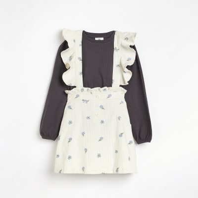 Girls Ecru floral Embroidered Pinny dress set