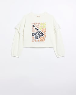 Girls Ecru Floral Graphic Frill Sweatshirt