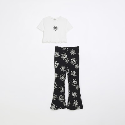 Girls Ecru Floral Ribbed flares outfit