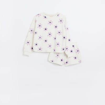 Girls Ecru Floral Sweatshirt and Shorts Set