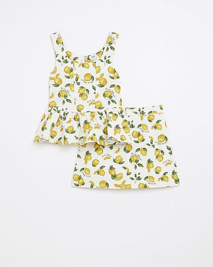 Girls Ecru Lemon print Twill cami & Skirt Set