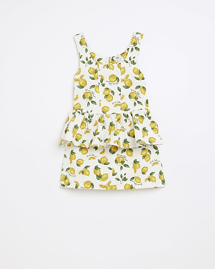 Girls Ecru Lemon print Twill cami & Skirt Set