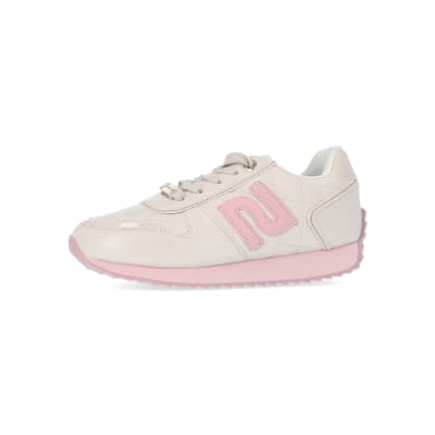 360 degree animation of product Girls ecru RI quilted runner trainers frame-2