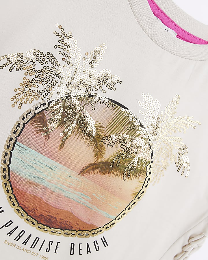 Girls Ecru sequin palm tree graphic t-shirt