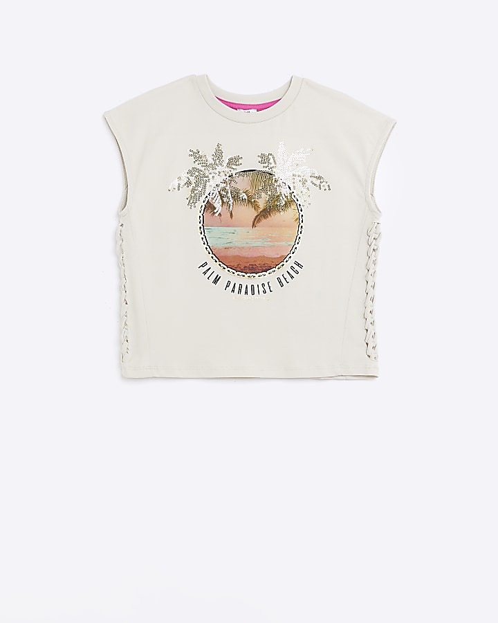 Girls Ecru sequin palm tree graphic t-shirt