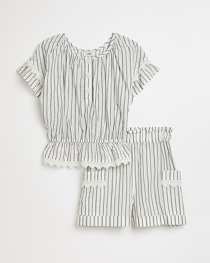 Girls ecru stripe blouse and shorts outfit