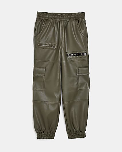 Girls Faux Leather Khaki Cargo Trousers