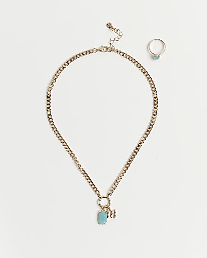 Girls gold aqua stone necklace and ring set