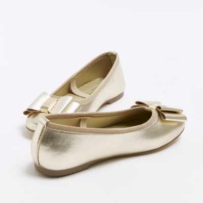 Girls gold bow detail ballet shoes