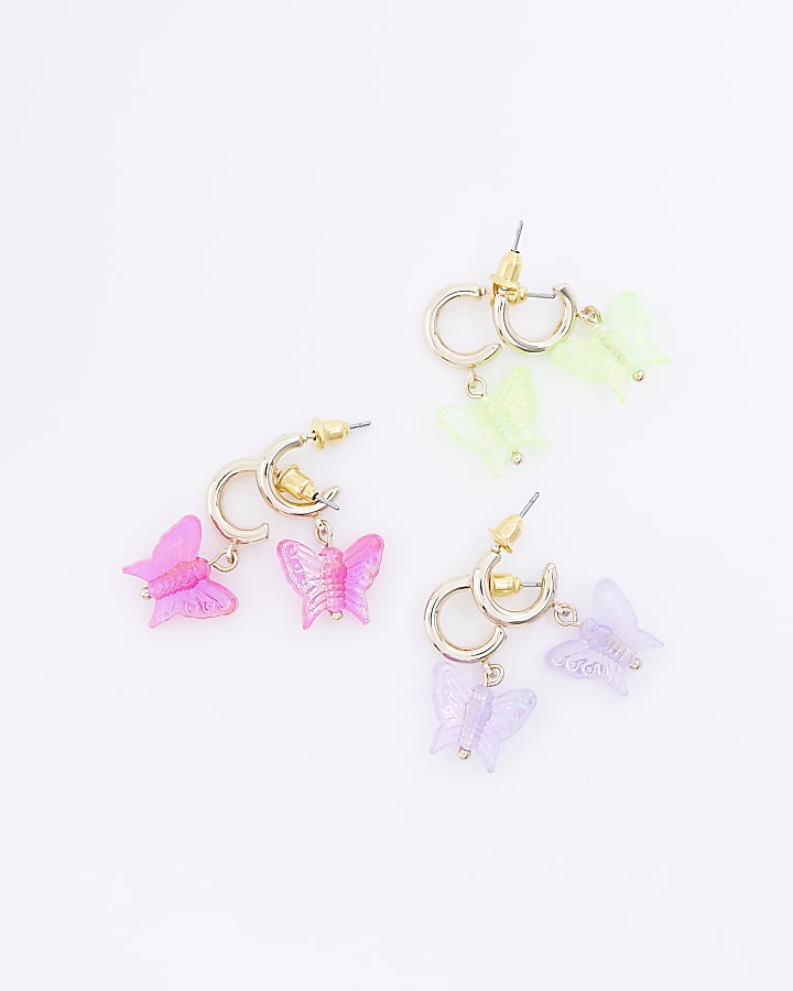 Girls Gold Butterfly Hoops Earrings 3 Pack