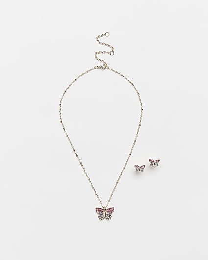 Girls gold butterfly necklace and earring set