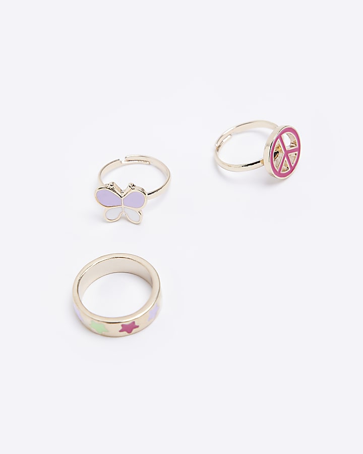 Girls Gold Butterfly Peace Rings 3 Pack