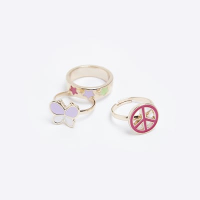 Girls Gold Butterfly Peace Rings 3 Pack