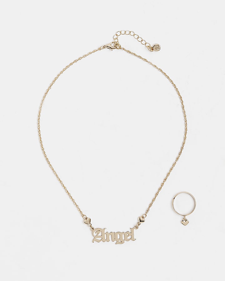 Girls gold colour Angel necklace and Ring Set