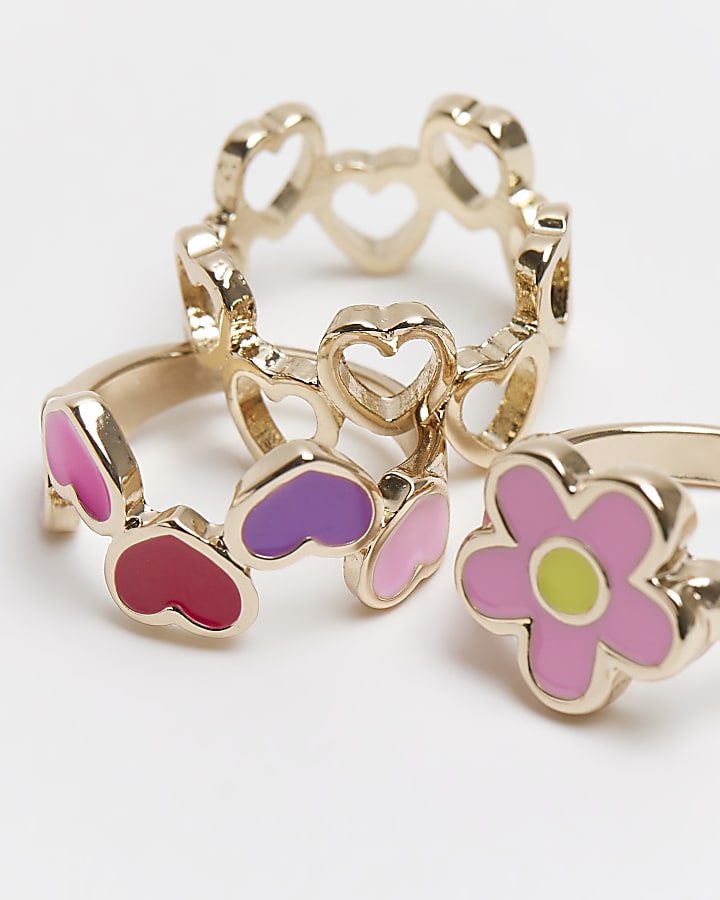 Girls gold colour heart & flower rings 3 pack