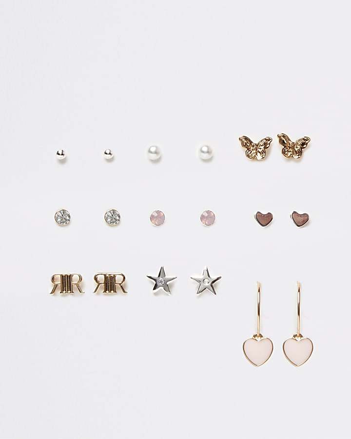 Girls gold colour heart earrings 9 pack