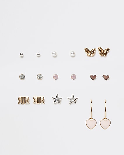 Girls gold colour heart earrings 9 pack