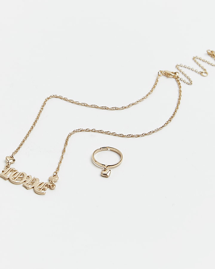 Girls gold colour Love necklace and ring set